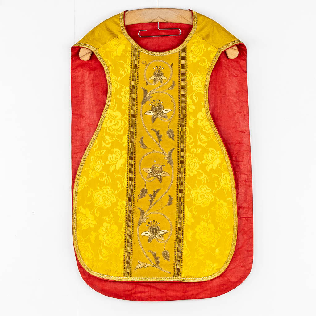 A pair of Dalmatics and three Roman Chasubles, Thick Gold Thread and embroideries.