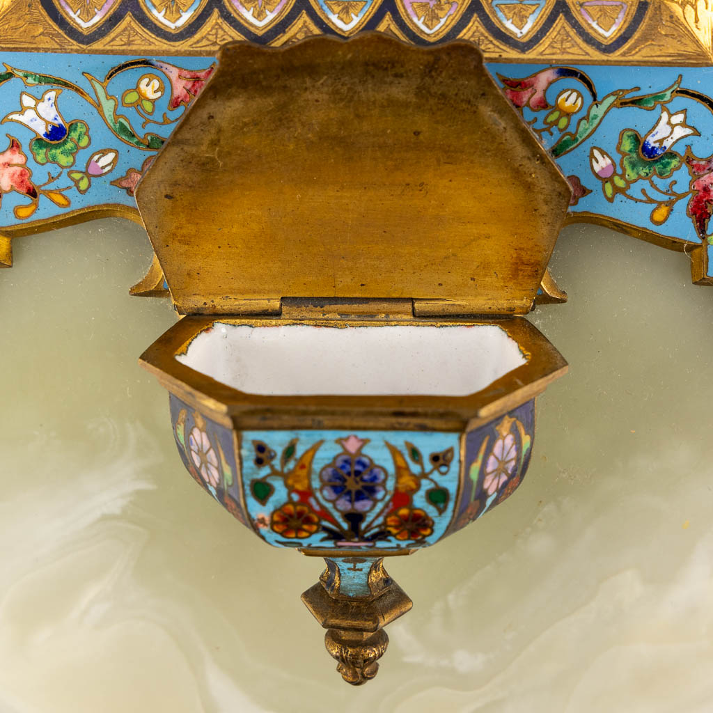 A Holy Water Font, bronze on an alabaster and finished with Cloisonné and an enamel plaque 