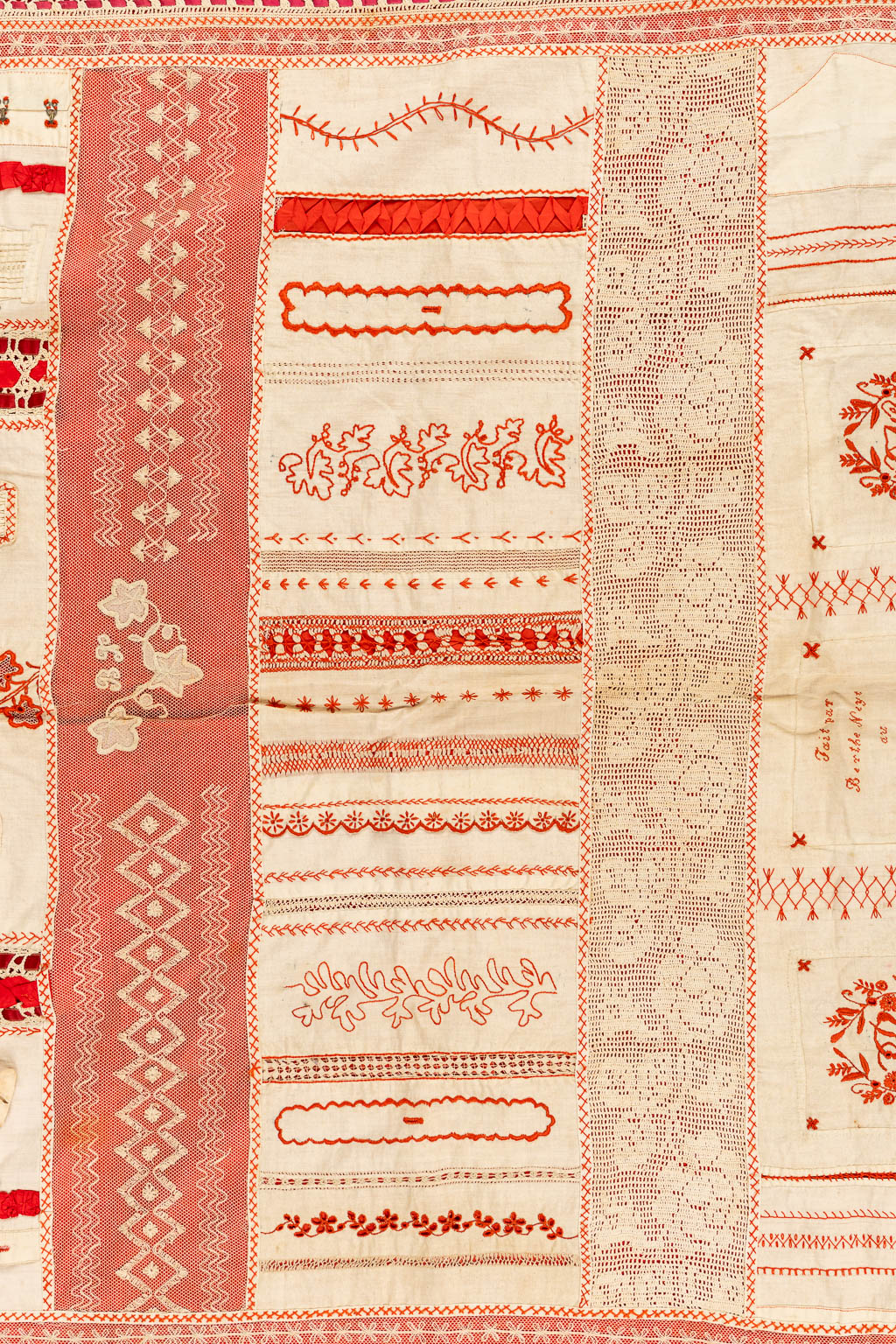 A samplework with lace, knitting and embroideries. 1894. (W:95 x H:188 cm)