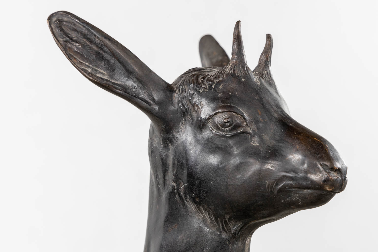 A very decorative pair of deer, patinated bronze. Circa 1970. (L:16 x W:70 x H:66 cm)