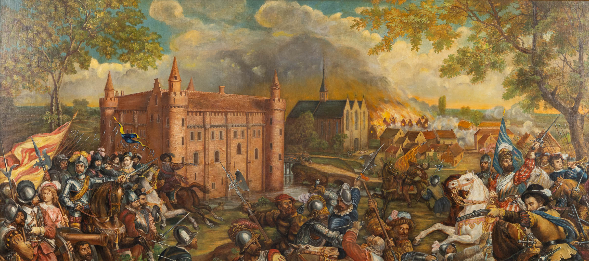 Een Historische Scène 'Beleg van het Kasteel van Ingelmunster, 10 mei 1580', olie op doek. 19de eeuw