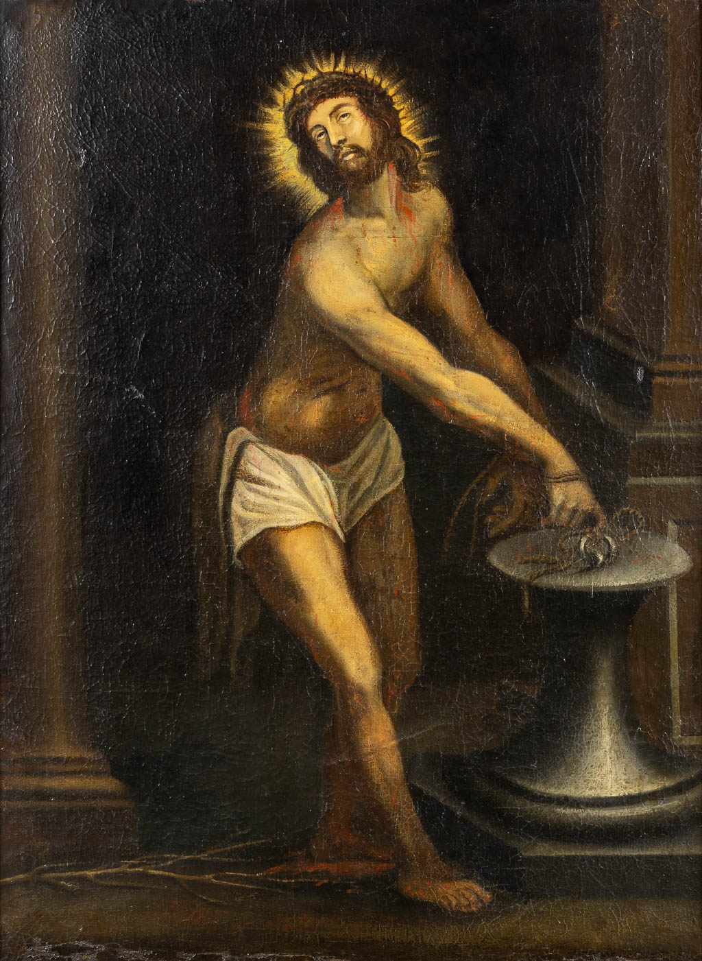 An antique painting 'Jesus bound to the column', oil on canvas. 18de eeuw. (W:74 x H:100 cm)