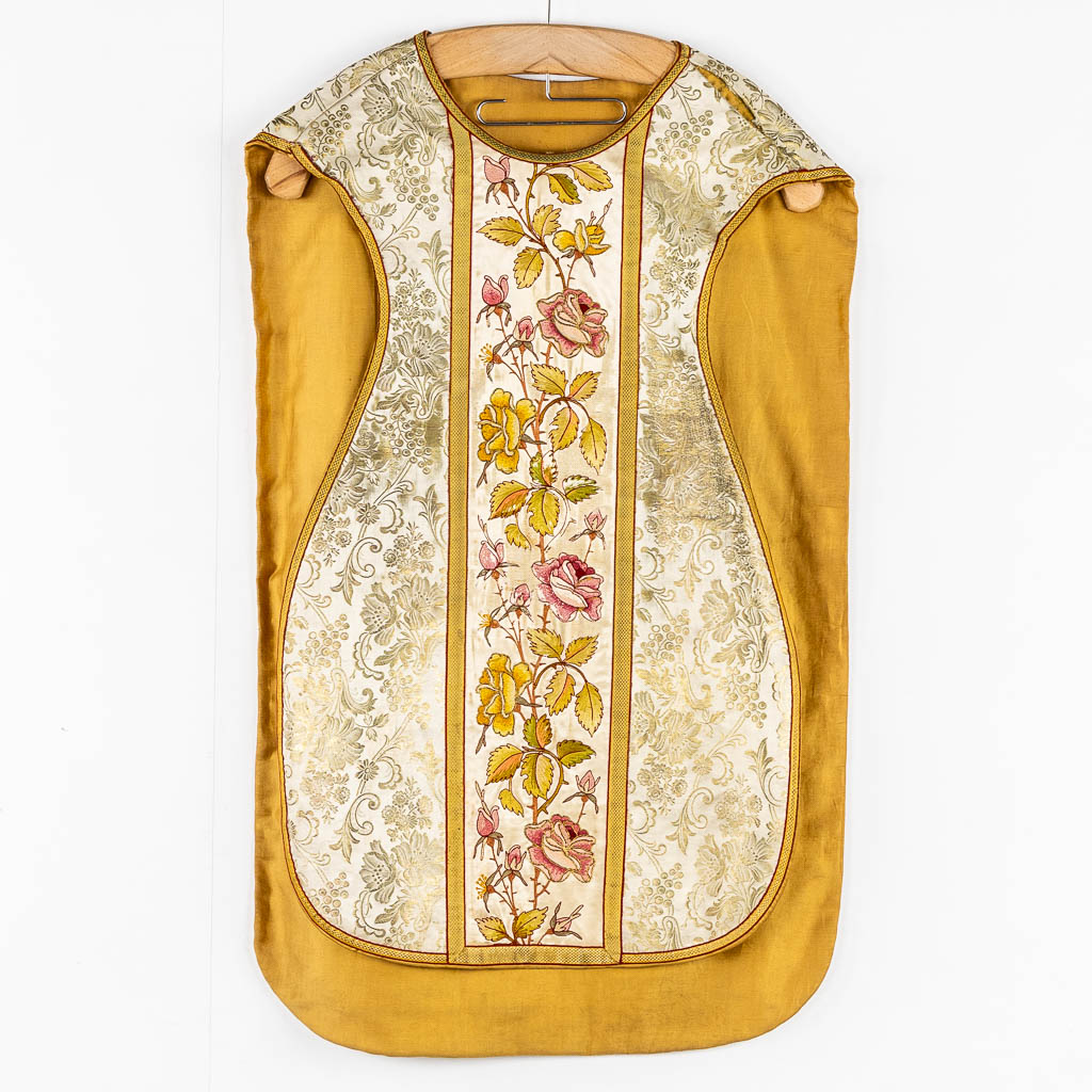 A pair of Dalmatics and three Roman Chasubles, Thick Gold Thread and embroideries.