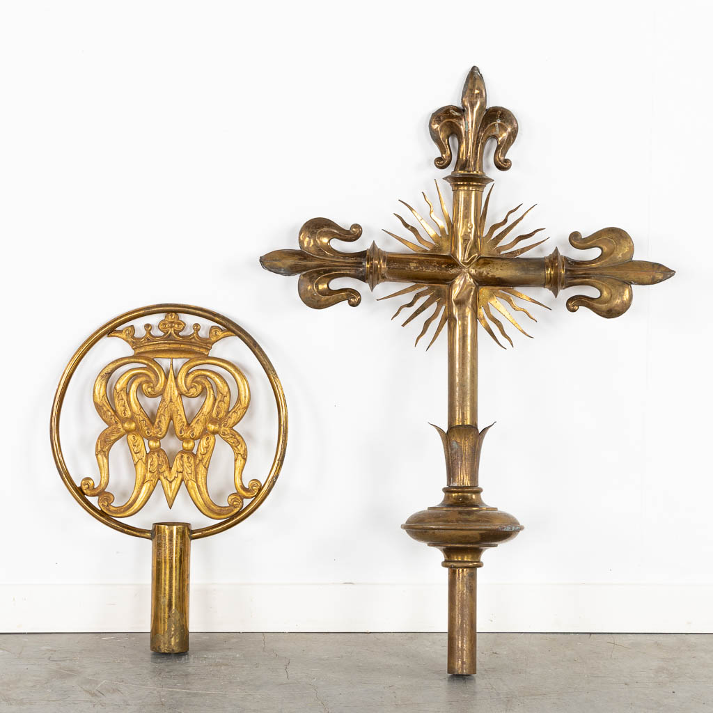 Two processional finials, Crucifix with Fleur De Lis and Ave Maria. (W:55 x H:80 cm)