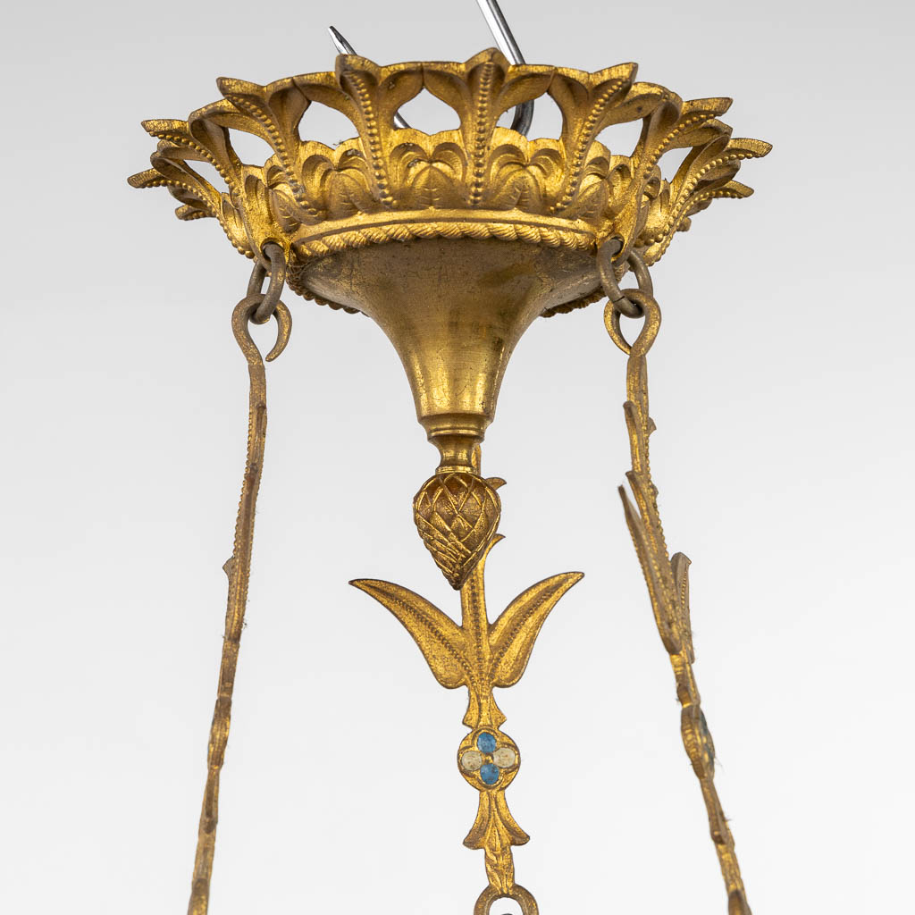 A pair of candle chandeliers, brass with enamel, Gothic Revival. (H:103 x D:42 cm)