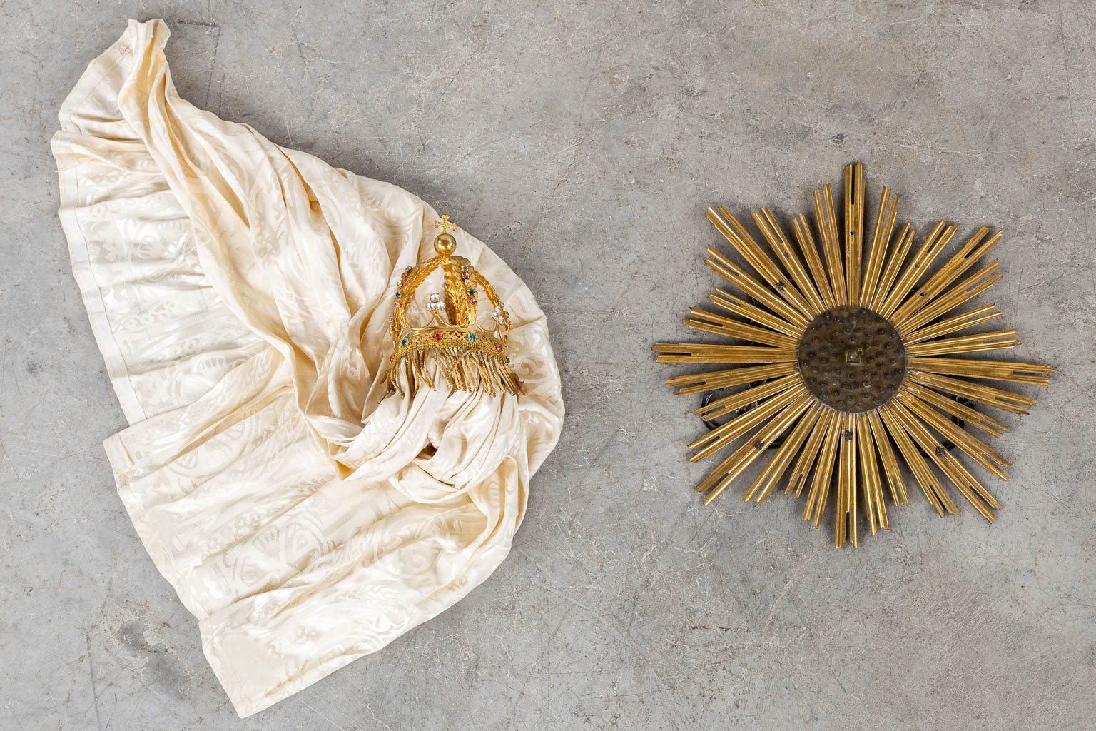 A Shrine, Crown and Avé Maria logo, Brass and silver-plated metal, Cabochons. (L:31 x W:50 x H:73 cm)