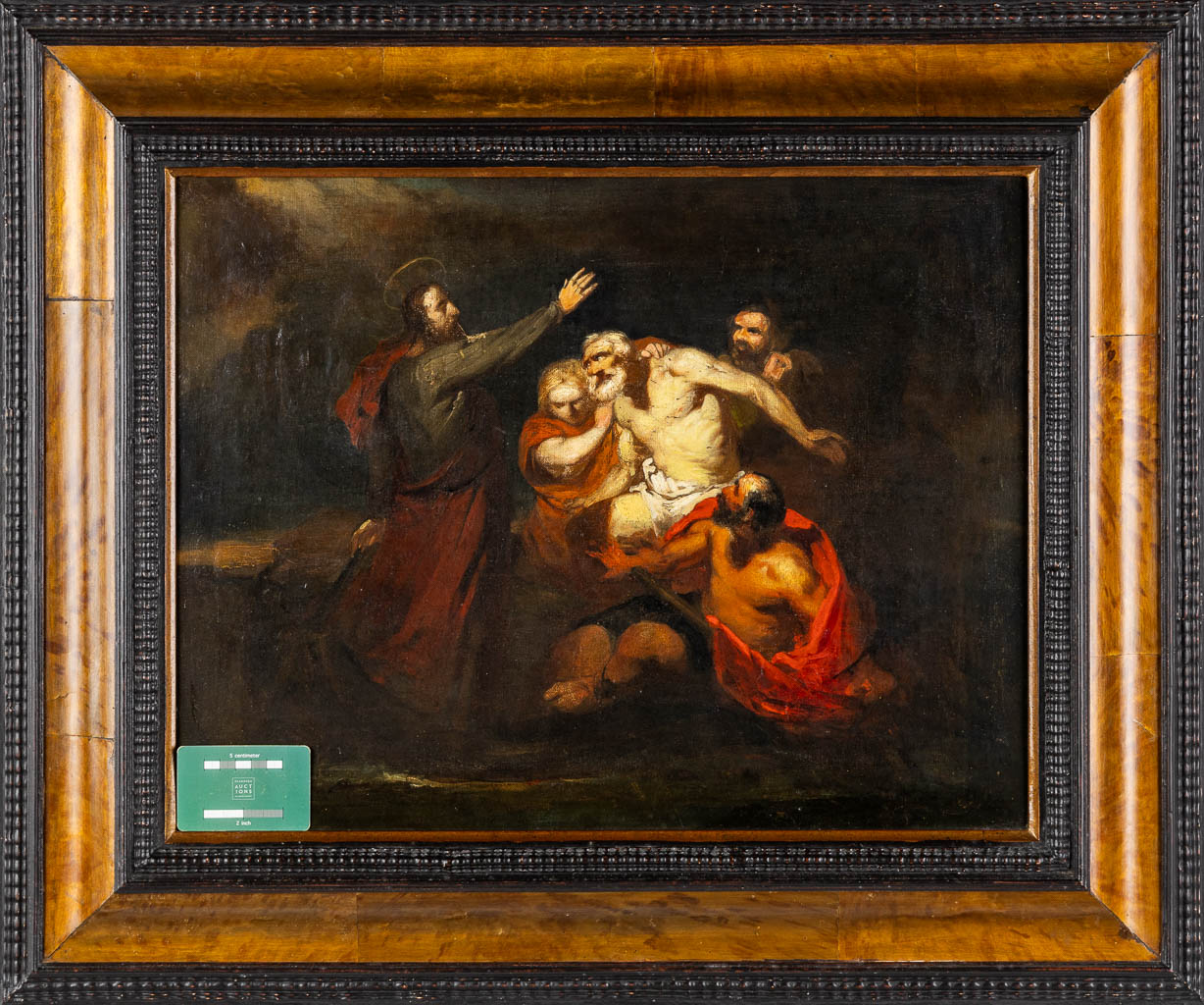 Vlaamse School, De opwekking van Lazarus, olie op doek. 17de eeuw. (W:56,5 x H:44 cm)