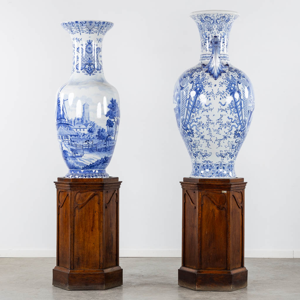 Boch Frères Keramis, two exceptional vases, glazed faience. 19th C. (H:122 x D:63 cm)