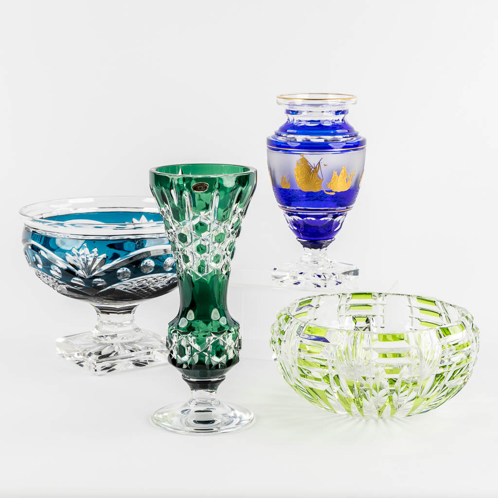 Val Saint Lambert, a coupe, Hubert Lega, and two vases, added Val Diffusion a bowl. 