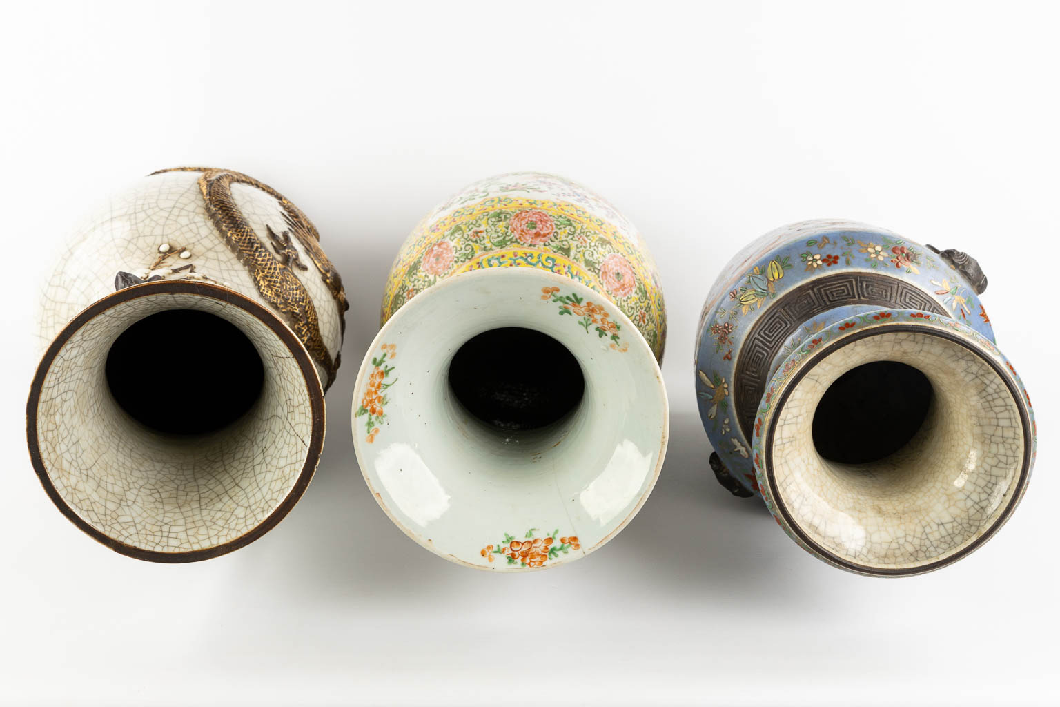 Three Asian vases, Chinese and Japanese, stoneware and porcelain. (H:62 cm)