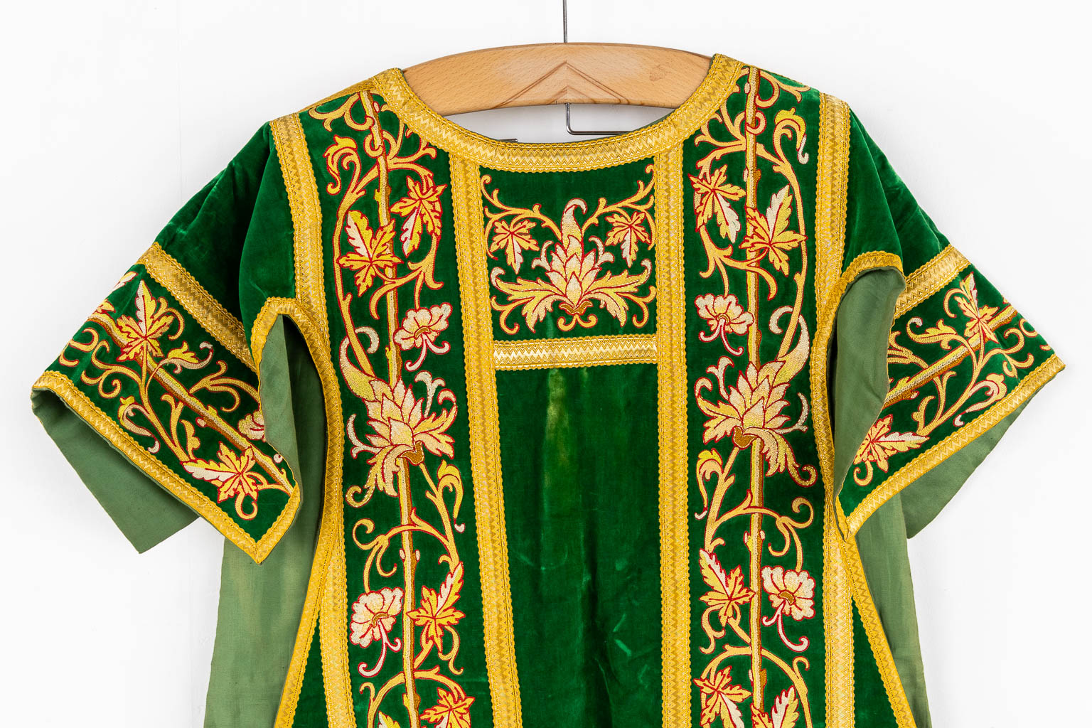 A set of Dalmatics and a Roman Chasuble, added a Chasuble and stola, maniple. Embroideries. Made around 1910.  Church use.