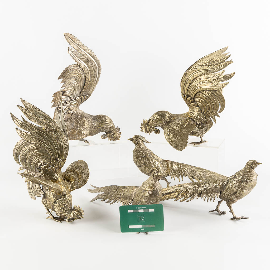 Six Pheasants and Roosters, silver-plated metal. (L:17 x W:26 x H:21 cm)