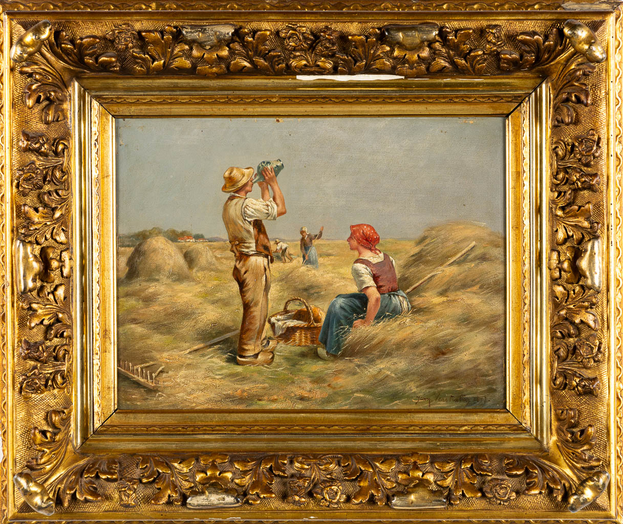 Jean VERSTRATEN (XIX) 'Resting during the harvest' 1897. (W:40 x H:31 cm)