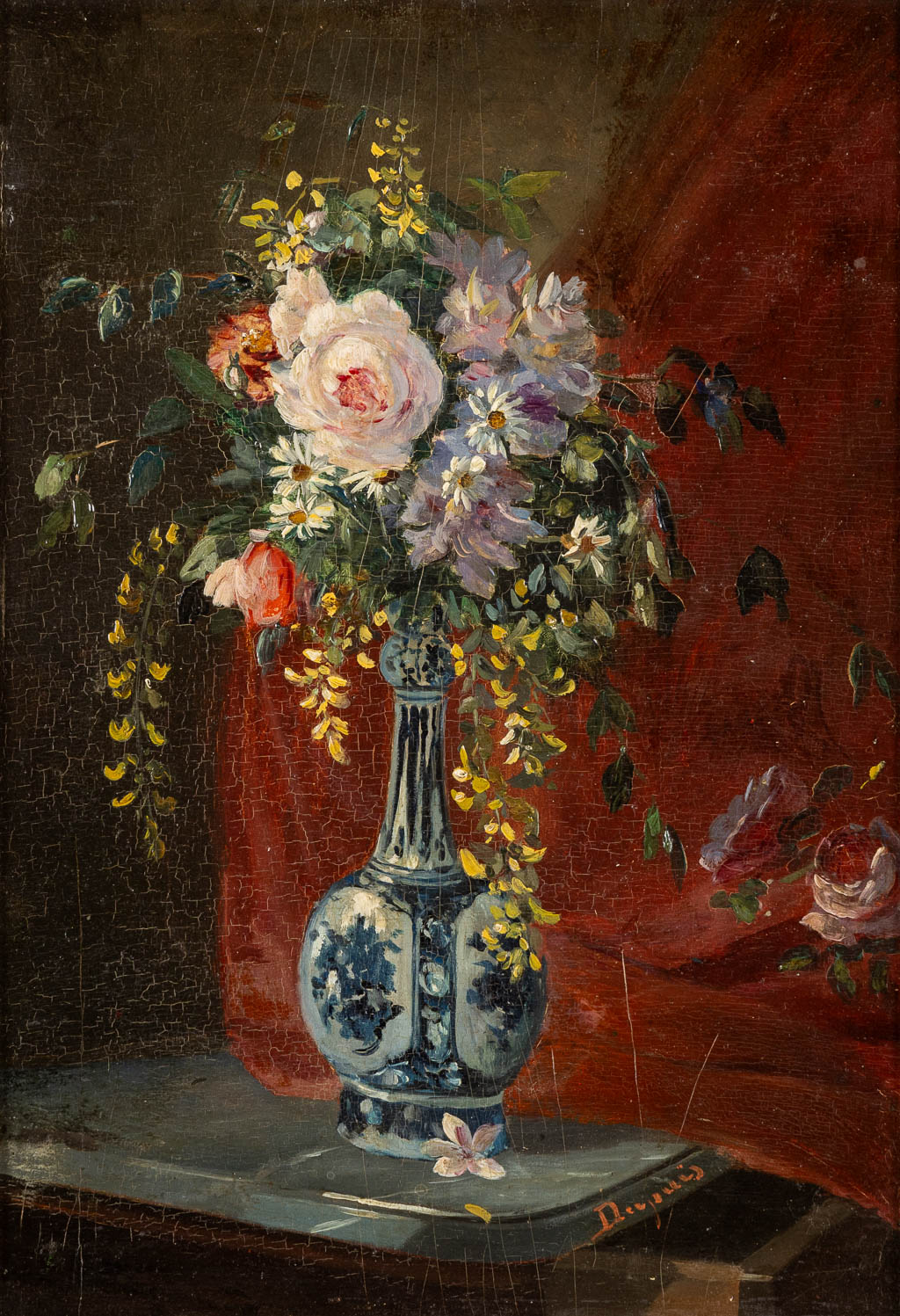 Louis-Joseph DUPUIS (1862-1951) 'Bloemen in Delftse Vaas'. (W:24,5 x H:33,5 cm)