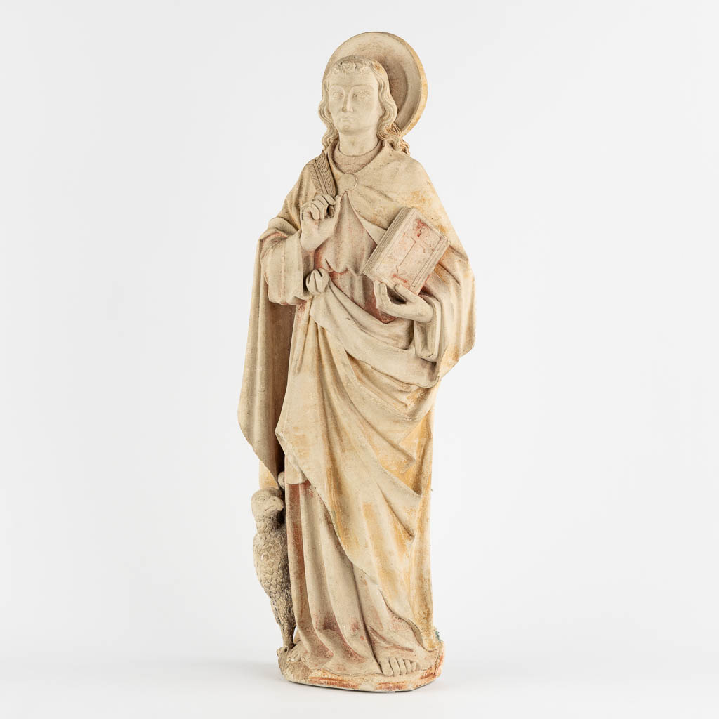 A figurine of Evangelist John, sculptured sandstone. Gothic Revival. (W:23 x H:63 cm)