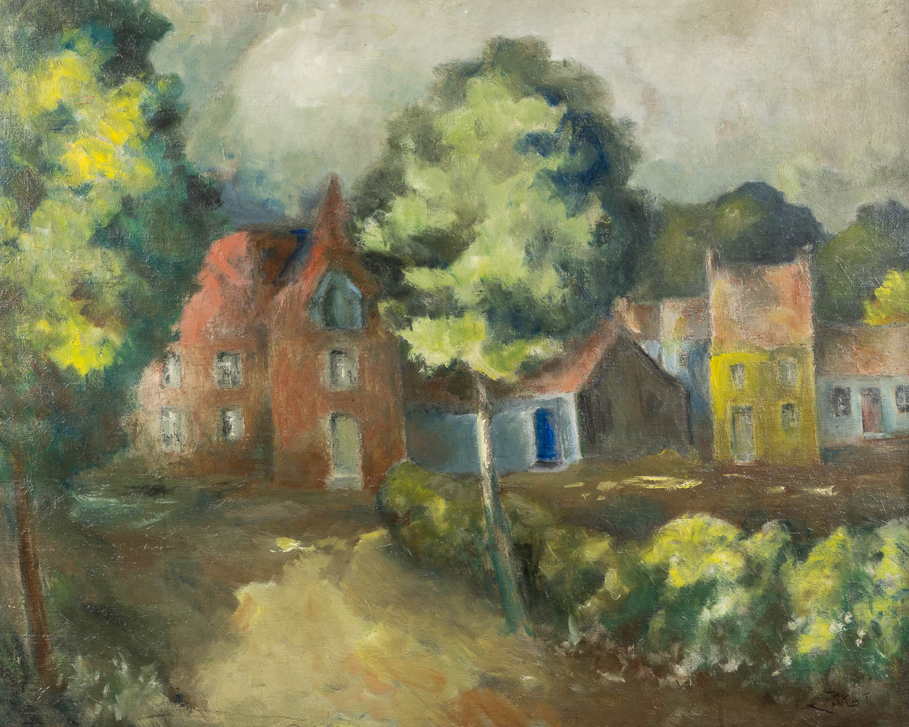 A decorative View on a village, signed J.J. Kat. Oil on canvas.