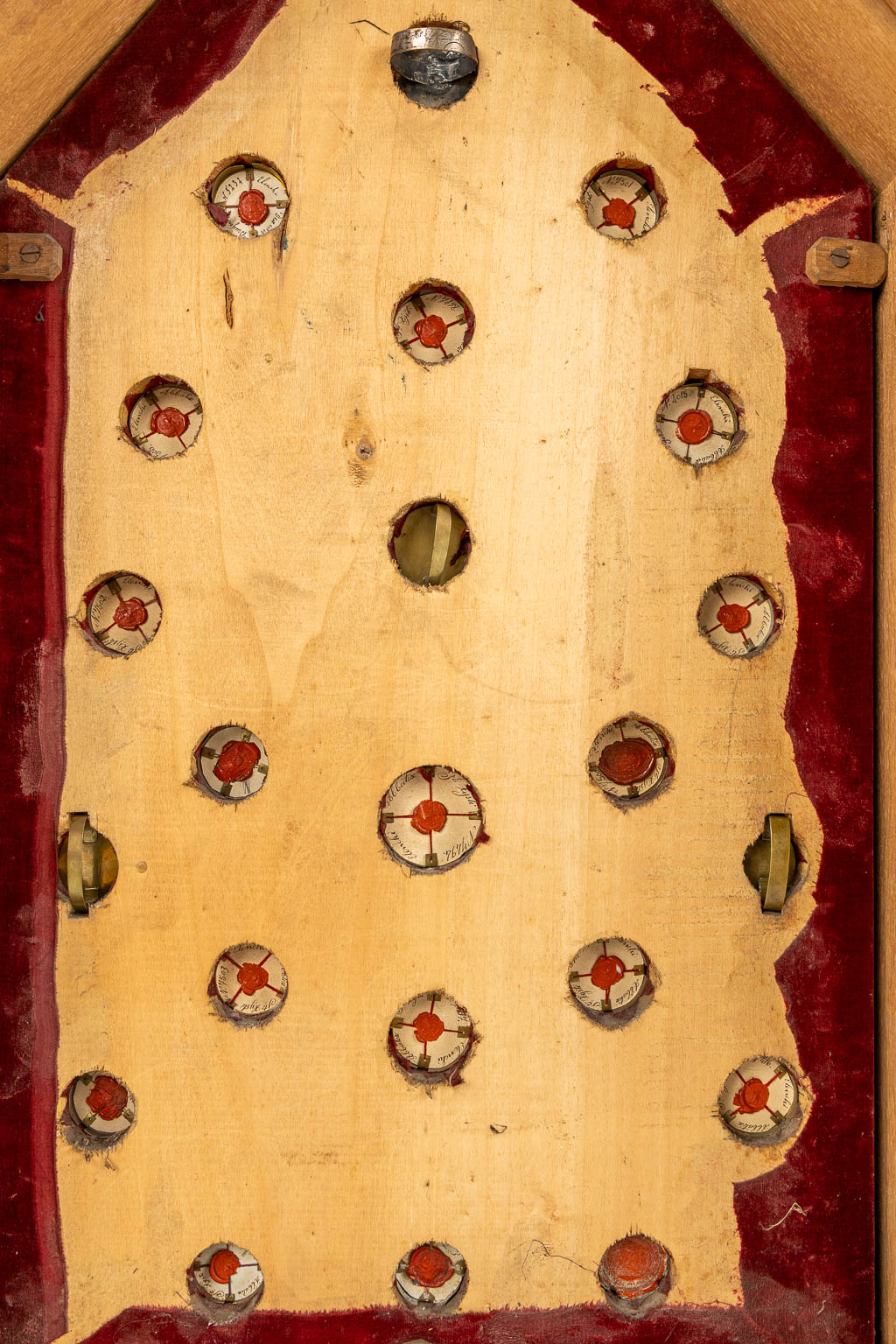 A wood-sculptured reliquary case with 22 sealed theca, including the True Cross of Jesus Christ. 19th C. (L:18 x W:48 x H:108 cm