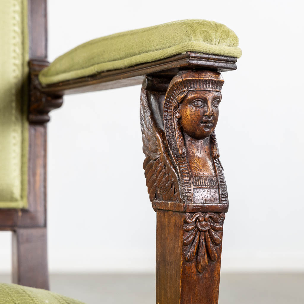 An antique armchair, sculptured wood in Empire style. (L:60 x W:59 x H:91 cm)