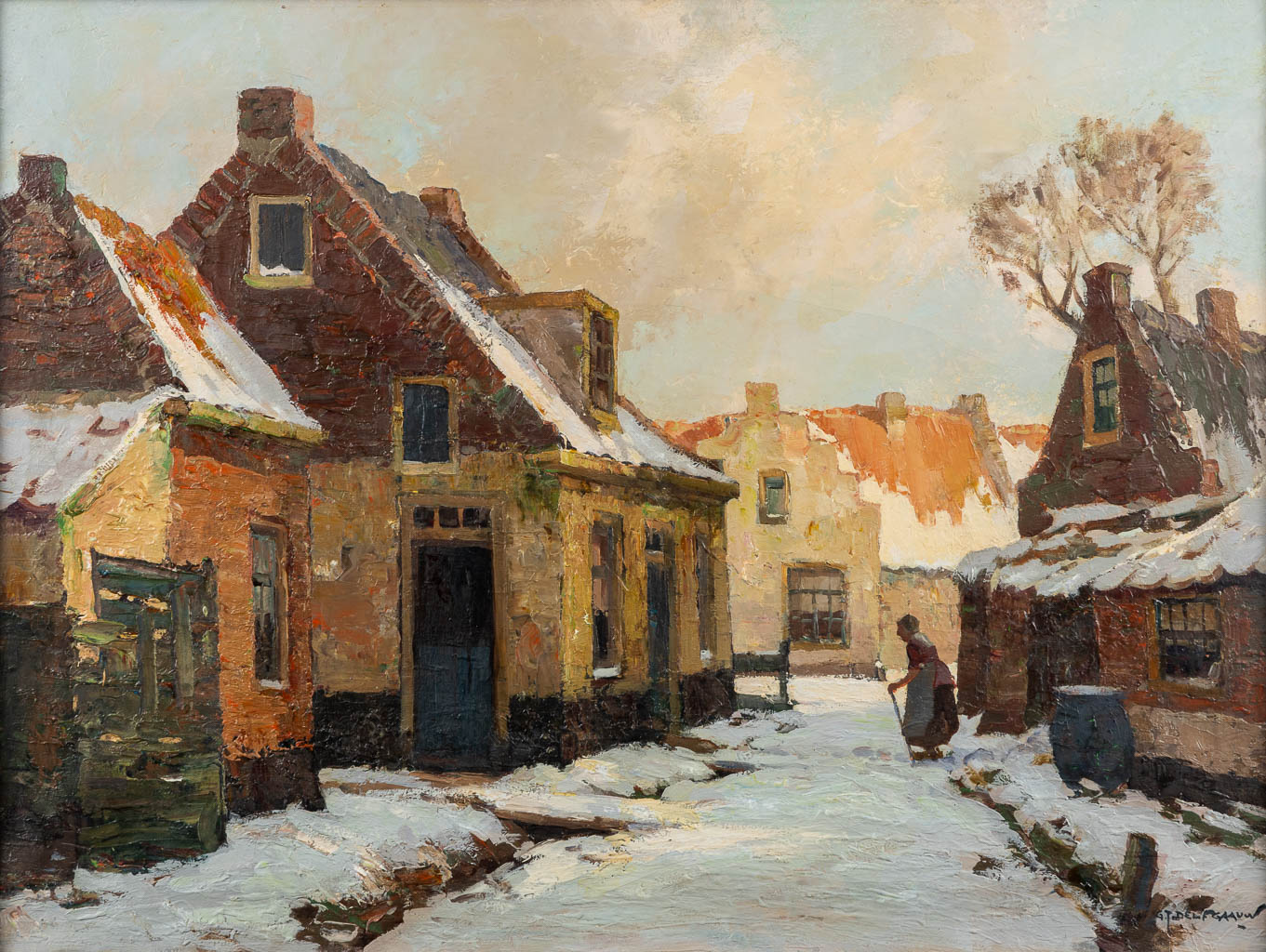 Gerardus DELFGAAUW (1882-1947) 'Stadzicht tijdens de winter'. (W:80 x H:60 cm)