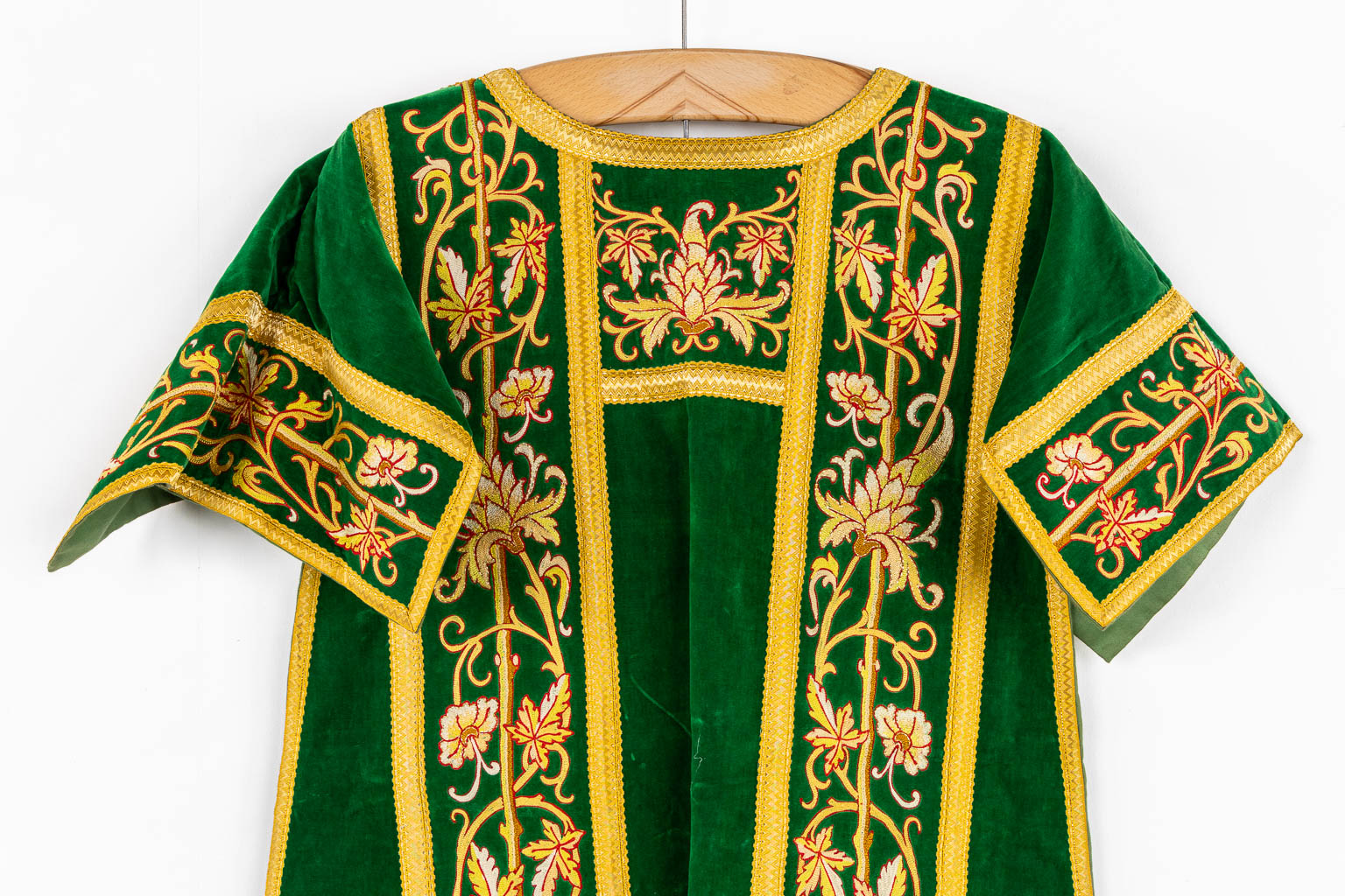 A set of Dalmatics and a Roman Chasuble, added a Chasuble and stola, maniple. Embroideries. Made around 1910.  Church use.