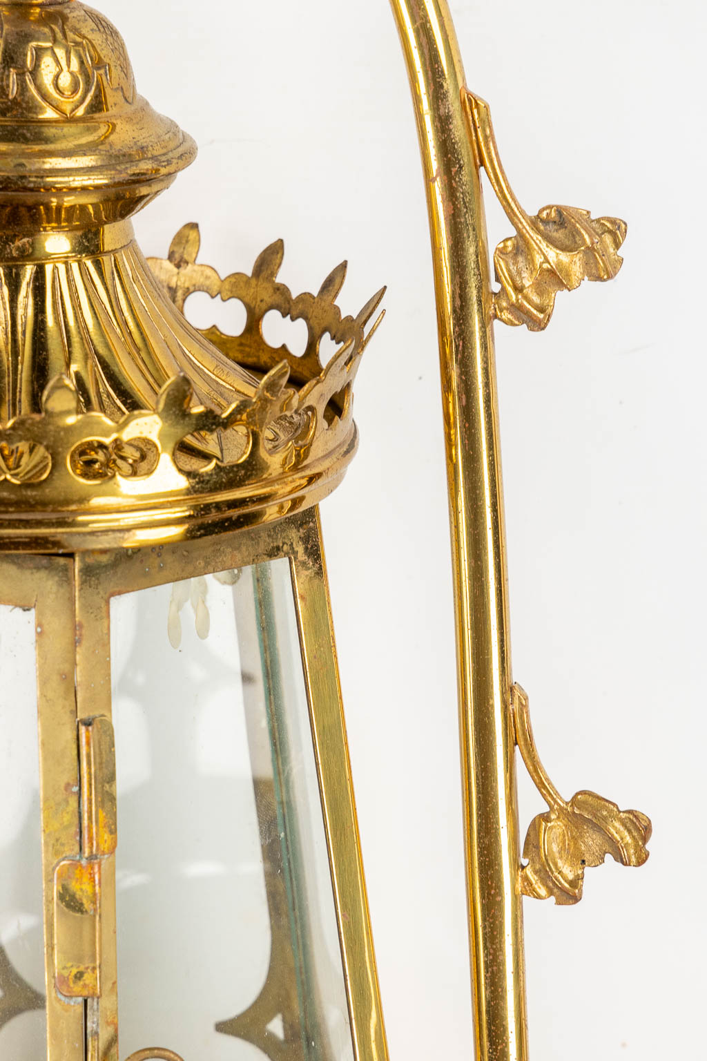 Three Processional lanterns, brass finished with cabochons, Gothic Revival. (W:48 x H:82 cm)