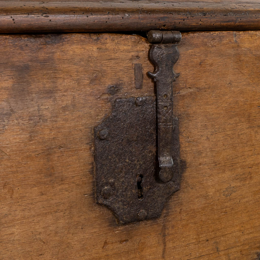 An antique chest with wrought iron hardware, circa 1700. (L:52 x W:93 x H:48 cm)