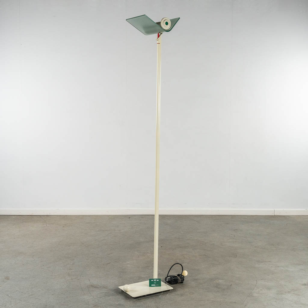 A decorative floorlamp, glass and patinated metal. (1980). (L:34 x W:25 x H:186 cm)