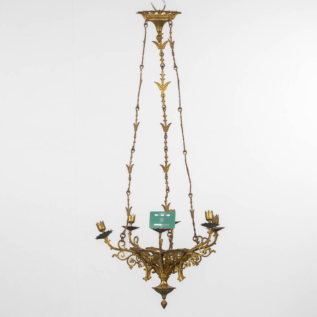 A pair of candle chandeliers, brass with enamel, Gothic Revival. (H:103 x D:42 cm)