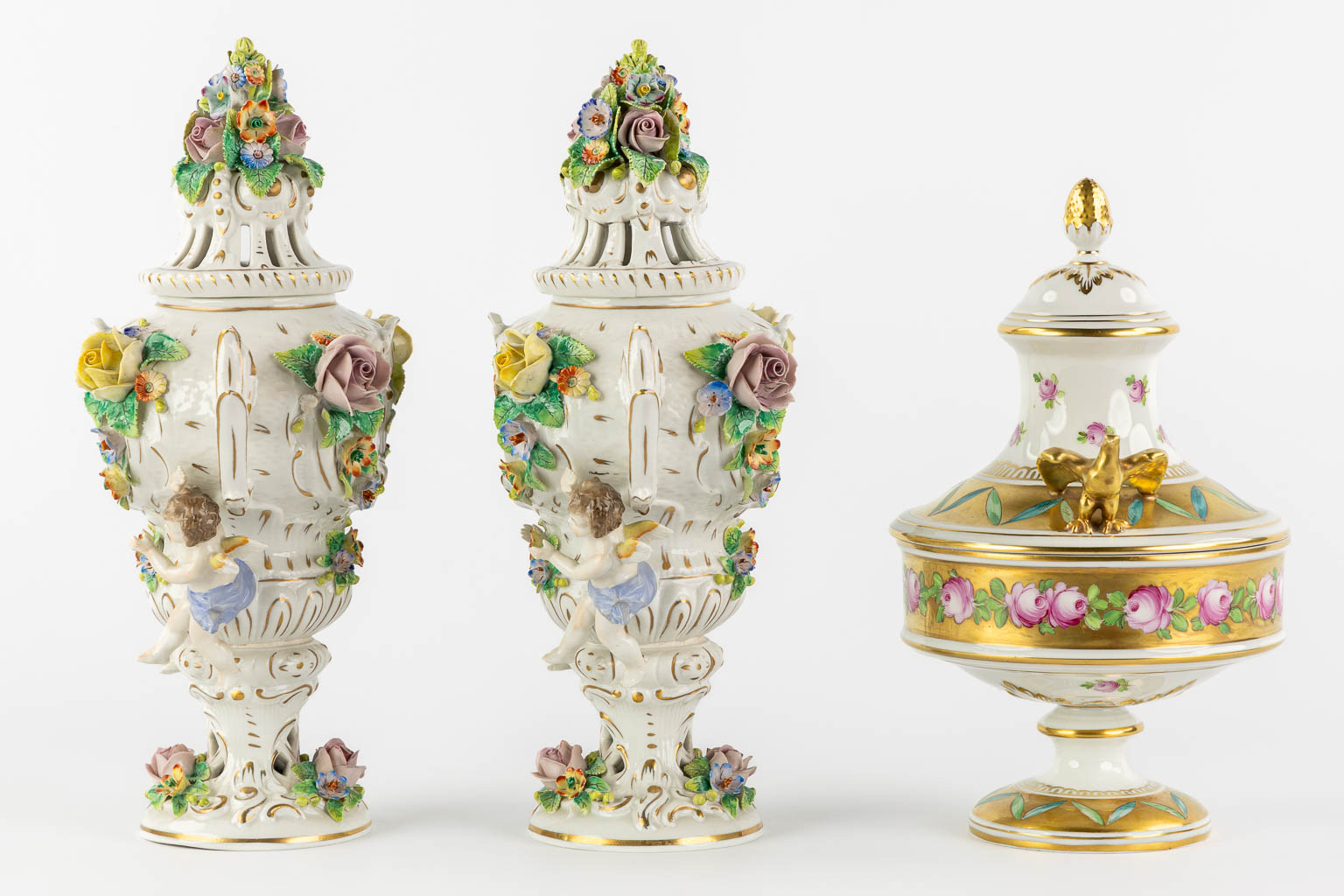 Dresden and Sitzendorf, three pieces of polychrome porcelain. Saxony, Germany. (L:11 x W:20 x H:29 cm)