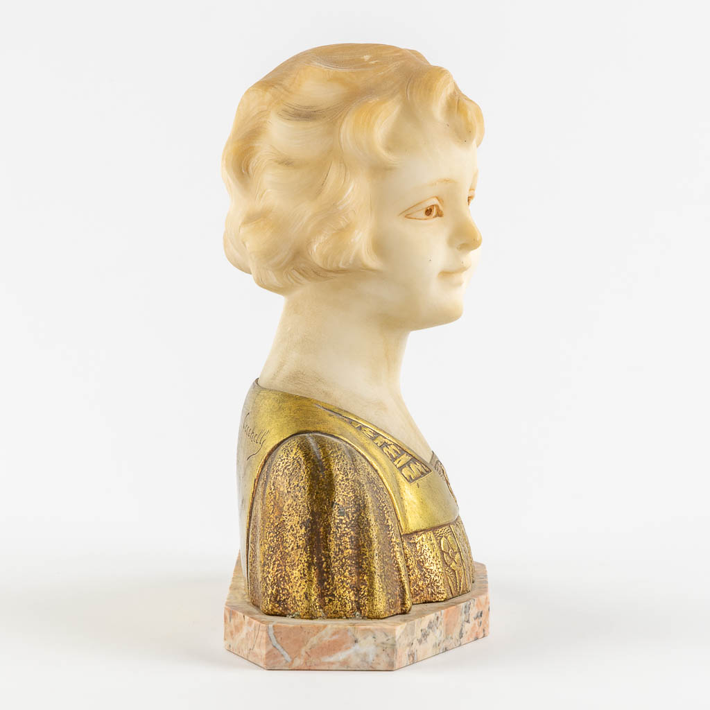 Bust of a Young Lady, gilt bronze and sculptured alabaster. Signed Cecchelli. (L:12 x W:26 x H:28 cm)