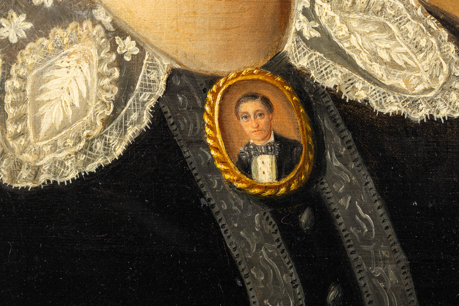 Portrait of a lady with a gold brooche, oil on canvas. 19th C. (W:54,5 x H:64 cm)