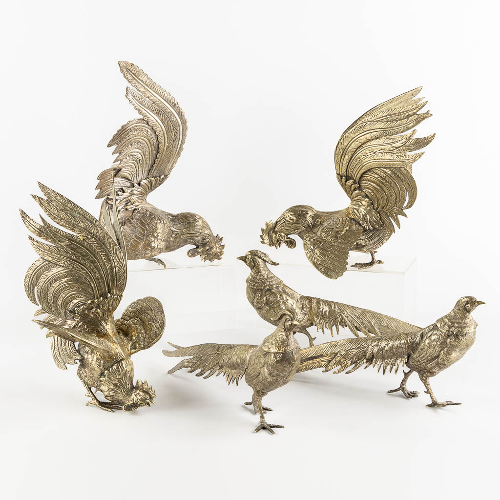 Six Pheasants and Roosters, silver-plated metal. (L:17 x W:26 x H:21 cm)