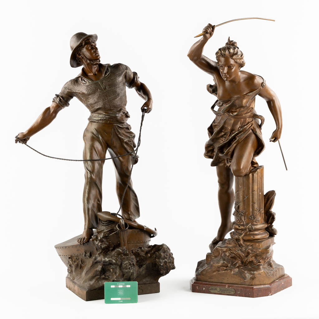 Waagen and Obiols, two spelter figurines. Circa 1900. (H:71 cm)