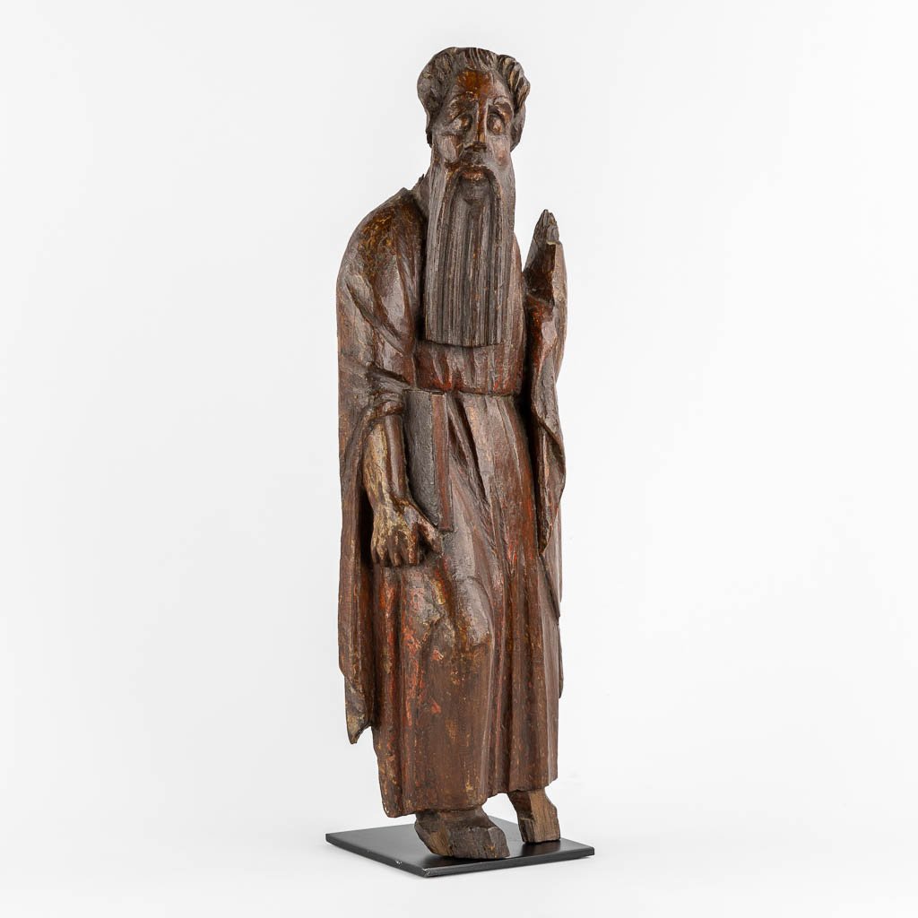 An antique wood sculpture of a Prophet, Sculpture du val de boi, Catalonia. 12th C. (L:9 x W:20 x H:57 cm)