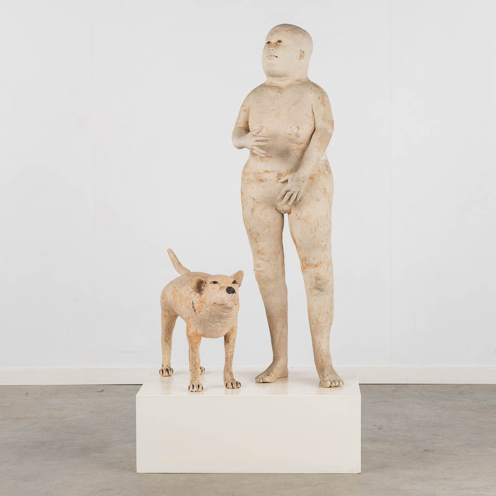 José VERMEERSCH (1922-1997) Een uitzonderlijke groep, figuur met hond, terracotta (1995-1996)