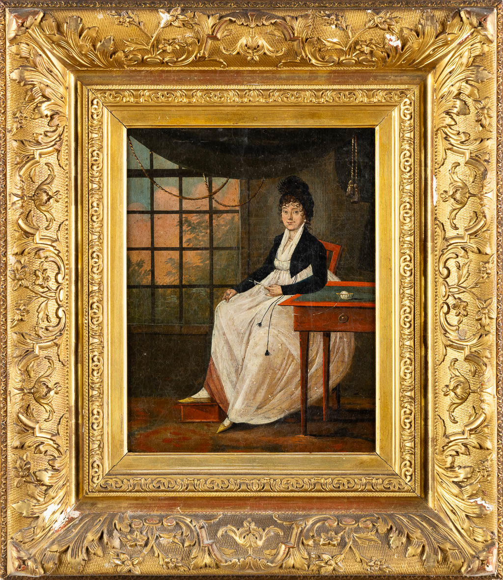 Portrait of a lady, an antique painting, oil on canvas. Empire. (W:24 x H:31 cm)