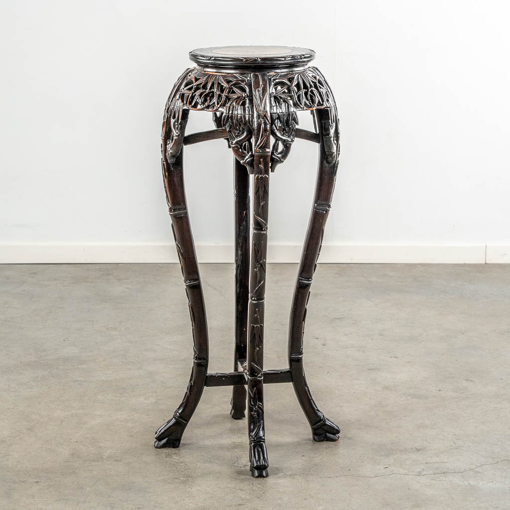 A tall Chinese sculptured hardwood and marble pedestal. (L:43 x W:43 x H:90 cm)