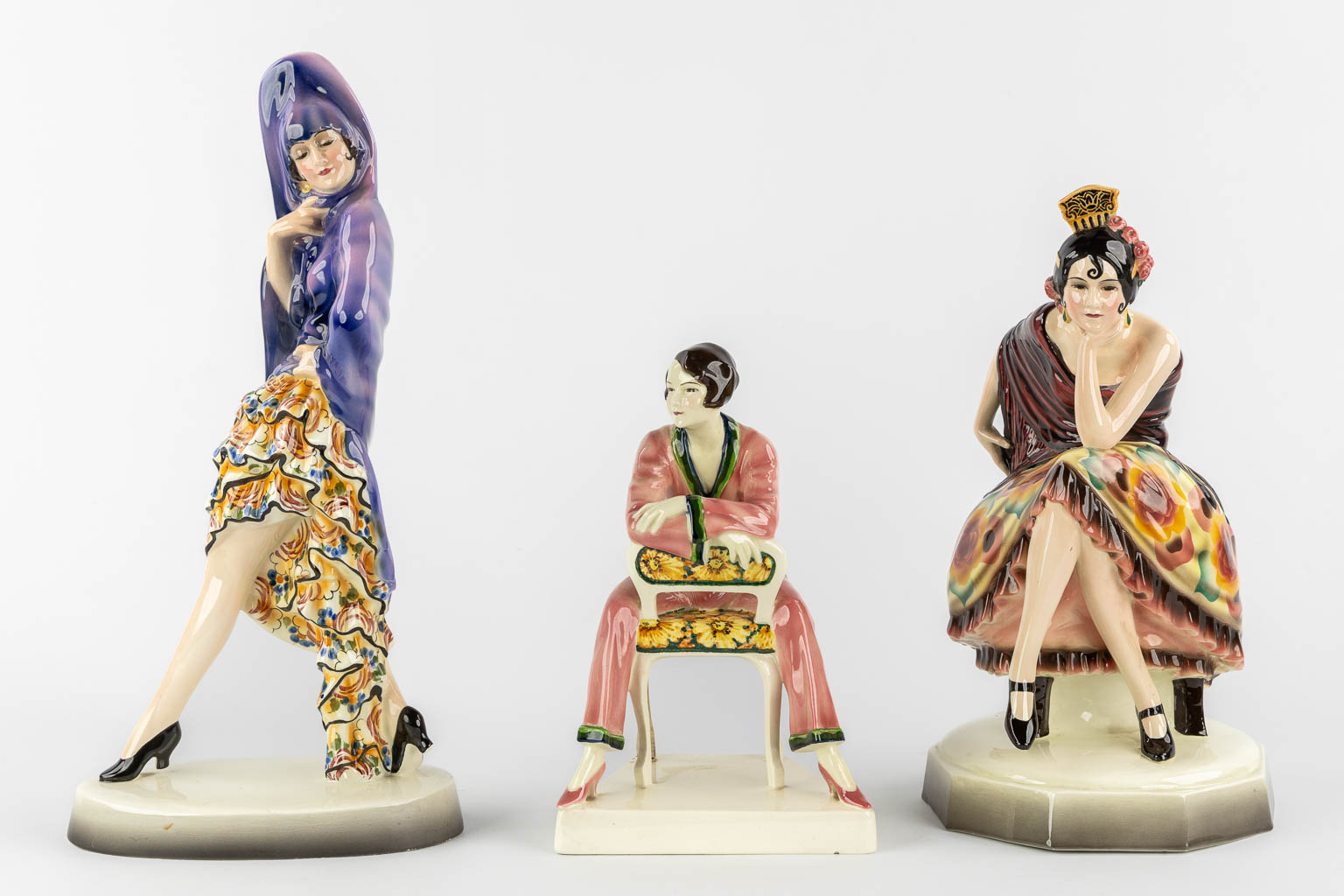 Josef LORENZL (1892-1950) for Goldscheider Wien, three figurines. (H:43 cm)