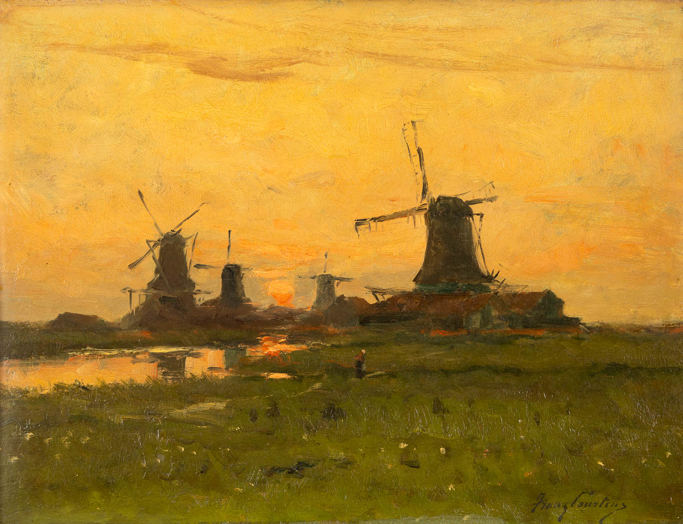 Franz COURTENS (1854-1943) 'Landschap met windmolens'. (W:50 x H:37,5 cm)