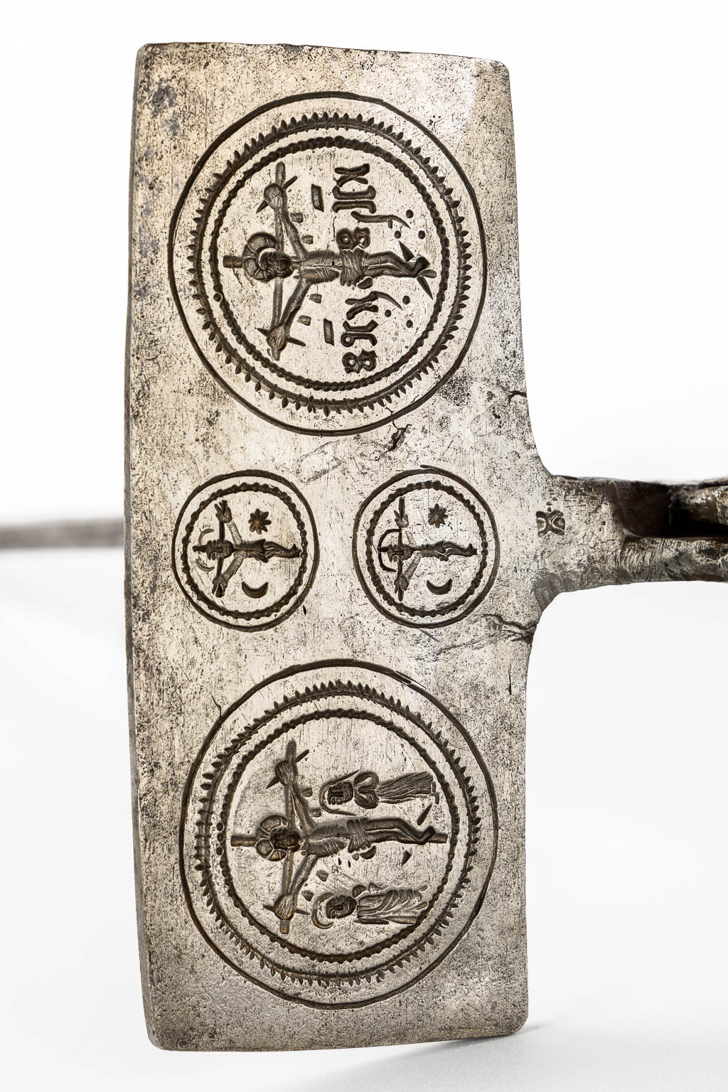 An antique 'Sacred Bread' baking form, Christ hanging from the cross. 18th/19th C.