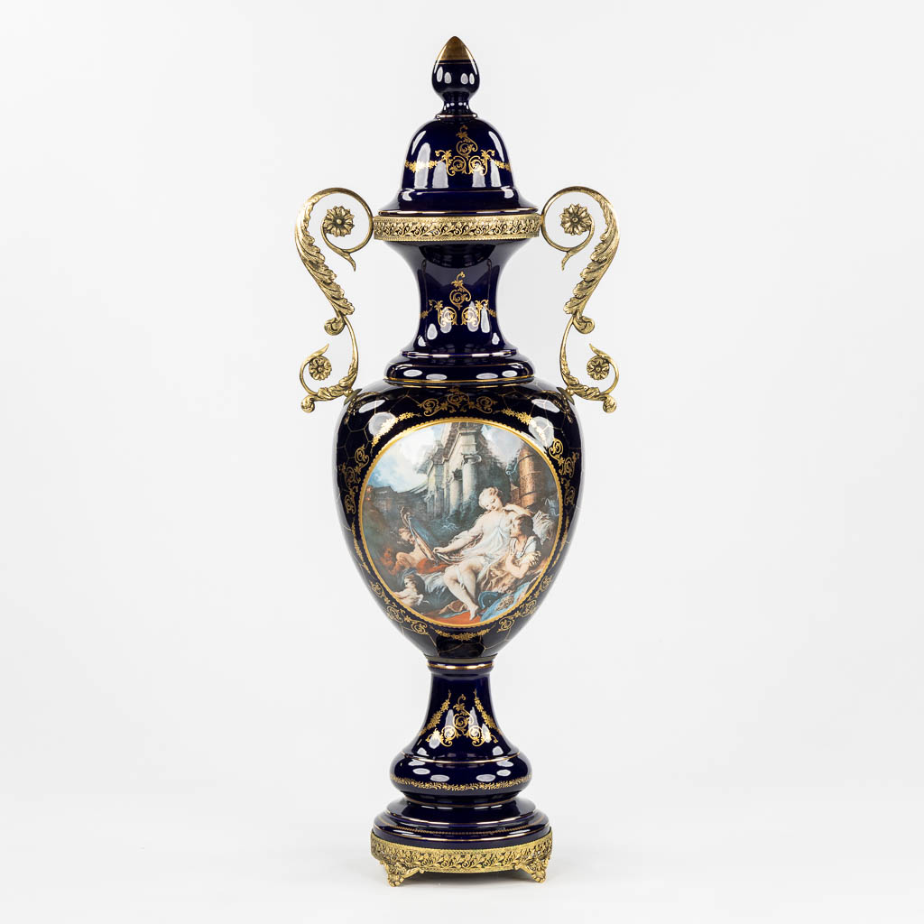 A decorative cobalt blue vase mounted with bronze, in the style of Sèvres. 20th C. (L:30 x W:42 x H:110 cm)