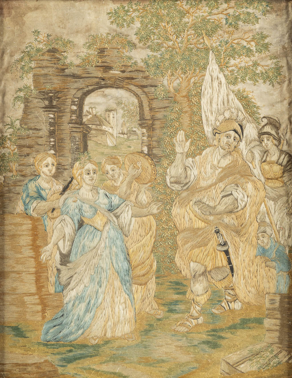 An antique embroidered image of a Court Scène, Silk base, 17th/18th C. (W:23 x H:30 cm)