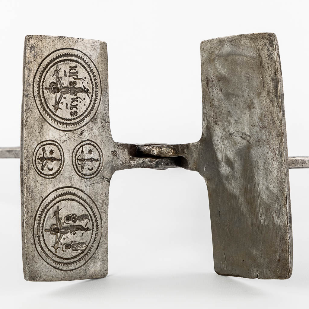 An antique 'Sacred Bread' baking form, Christ hanging from the cross. 18th/19th C.