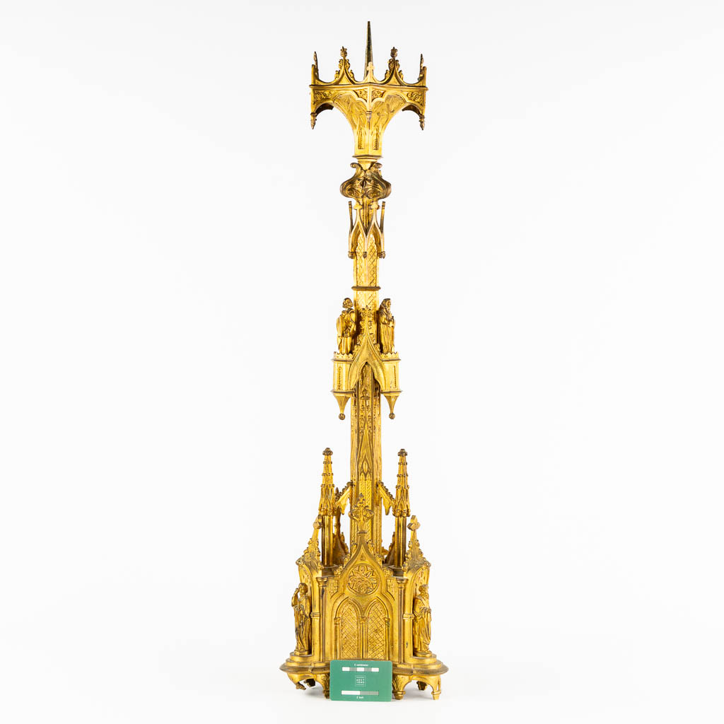 An antique church candelabra, gilt bronze, Gothic Revival. (H:93 cm)