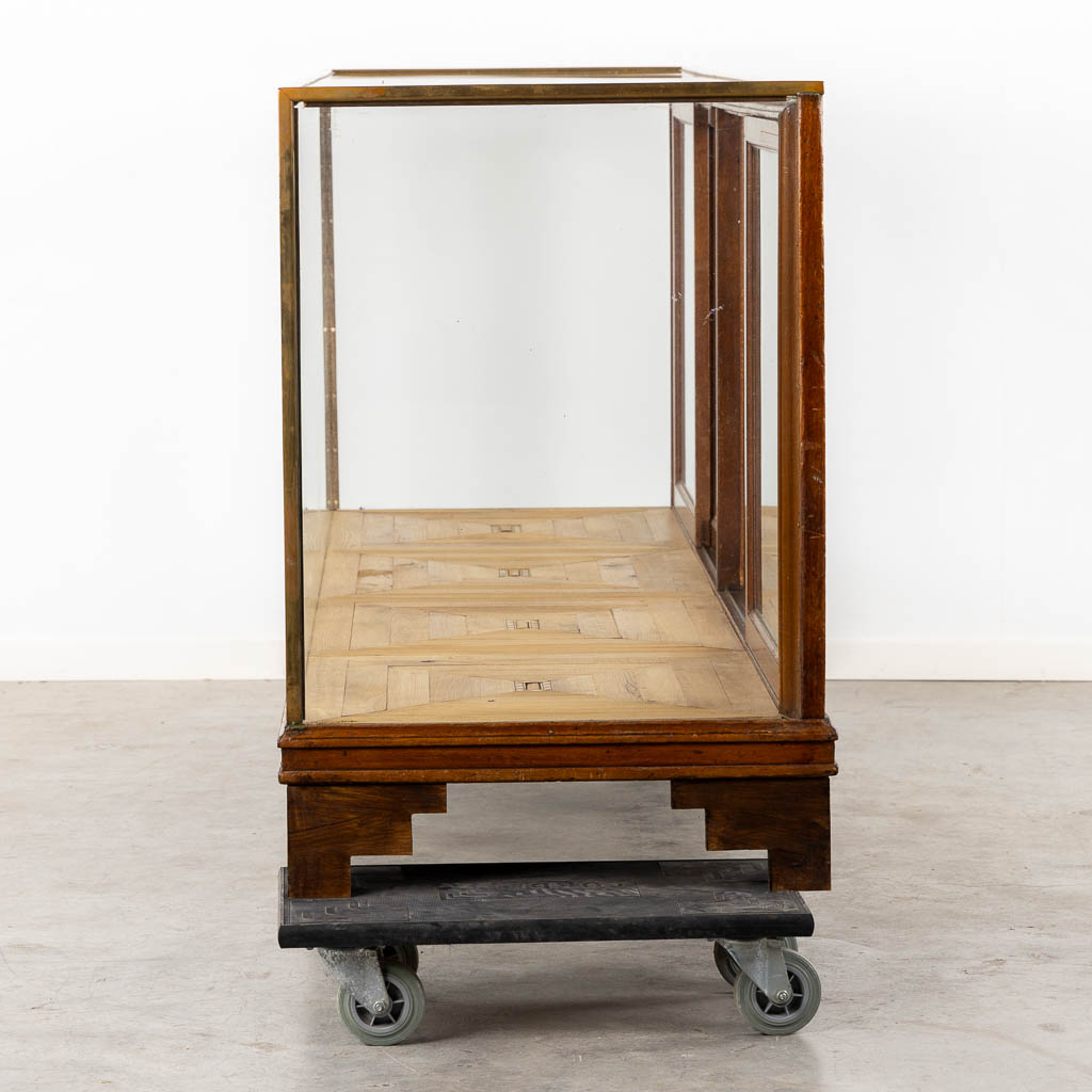 An antique English shop display cabinet, shop counter, Showcase. Brass, wood and glass. (L:62 x W:245 x H:92 cm)