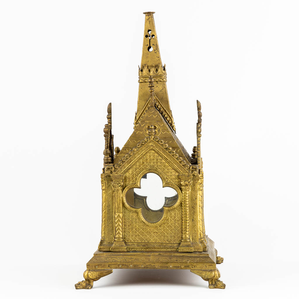 A Reliquary Shrine shaped like a Gothic Revival chapel, gilt bronze.