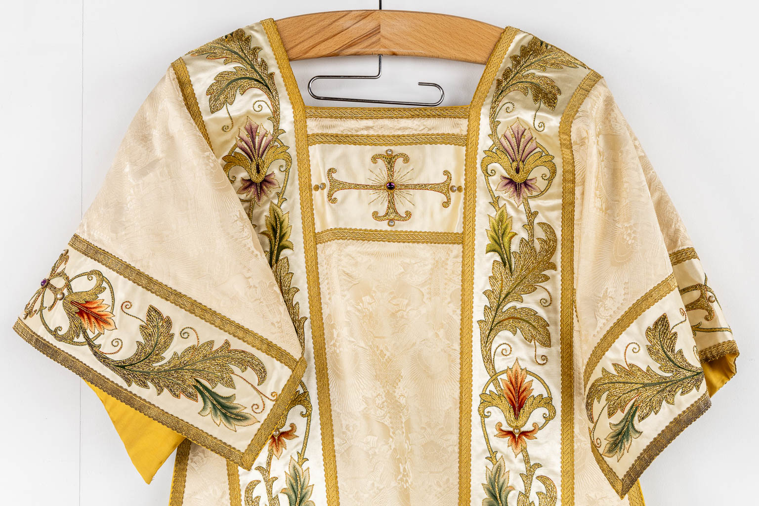 A pair of Dalmatics and a Cope, Thick Gold Thread Embroideries and Cabochons. 