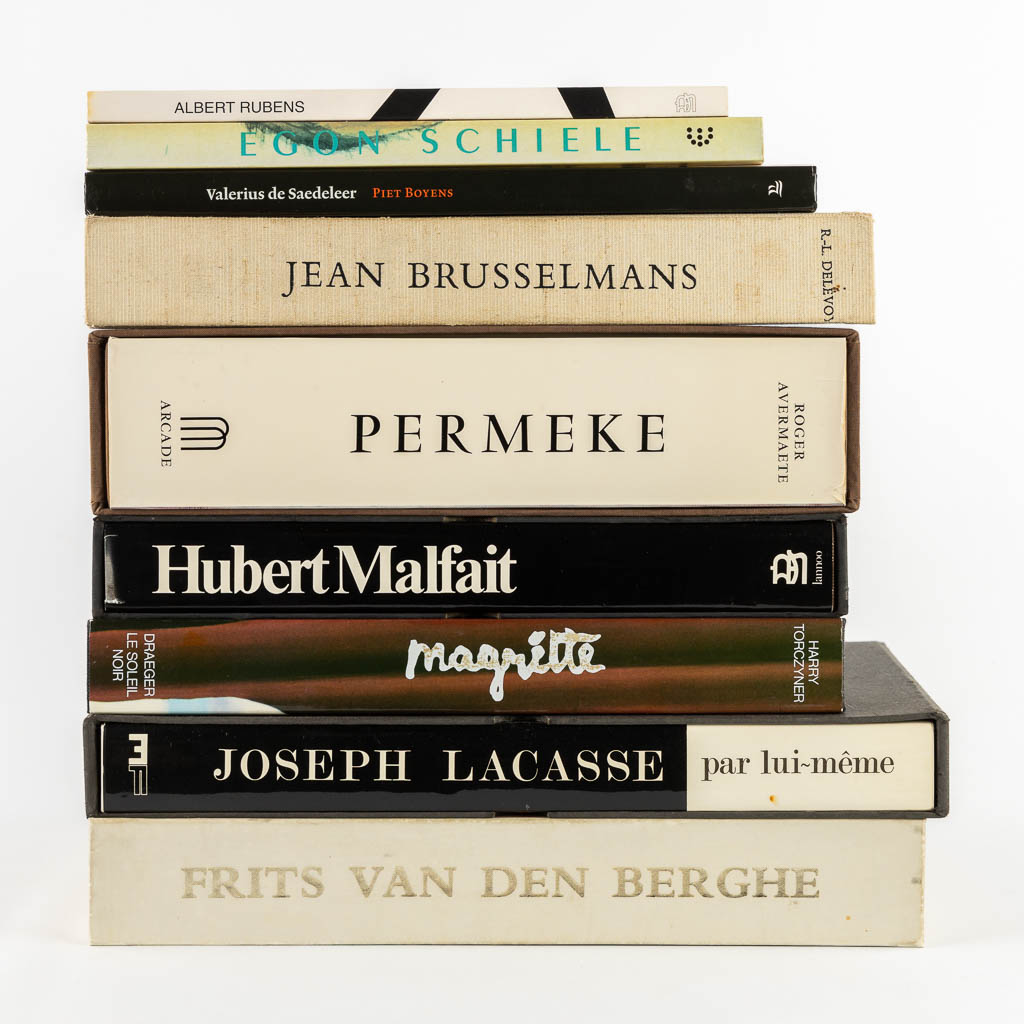 A collection of 9 art books, Permeke Malfait, Magritte, Egon Schiele, Frits Van Den Berghe. 