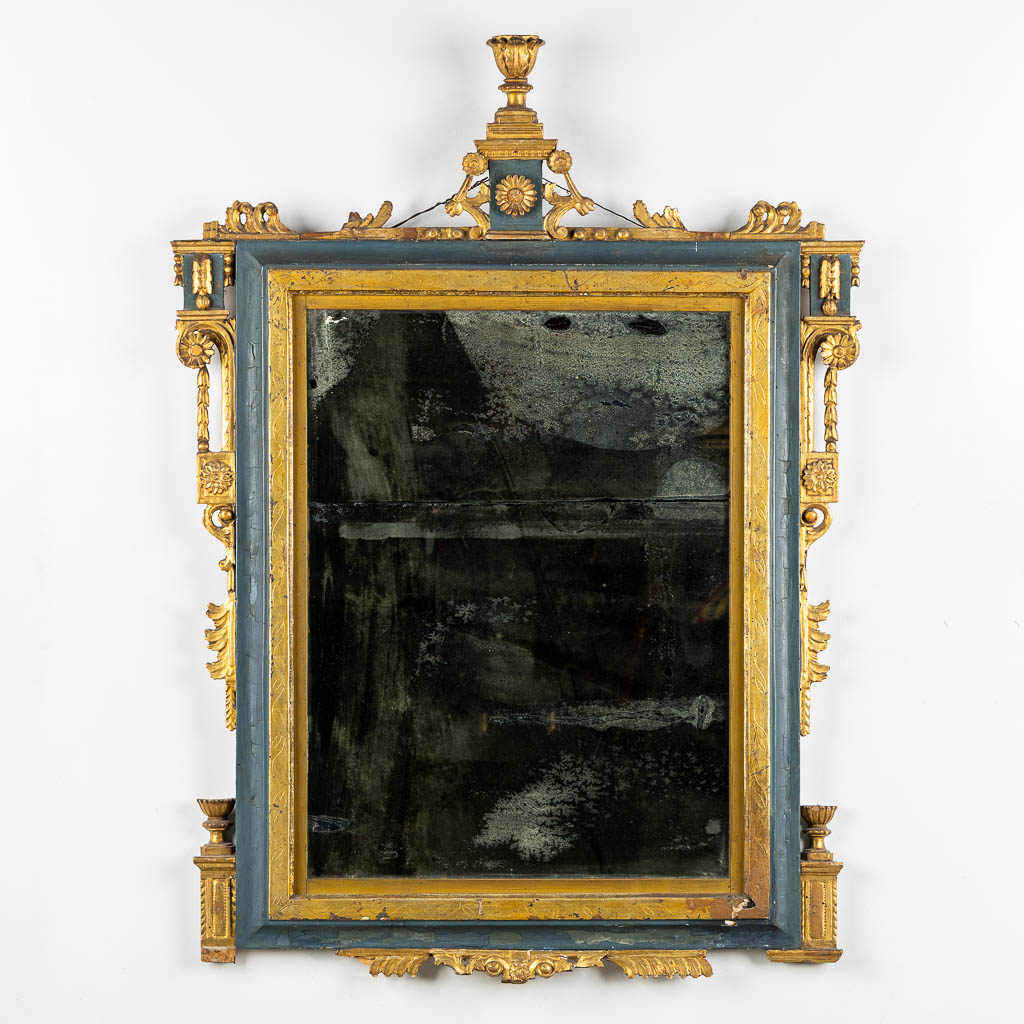 An antique mirror, gilt and patinated wood, late 18th, early 19th C. (W:84 x H:114 cm)