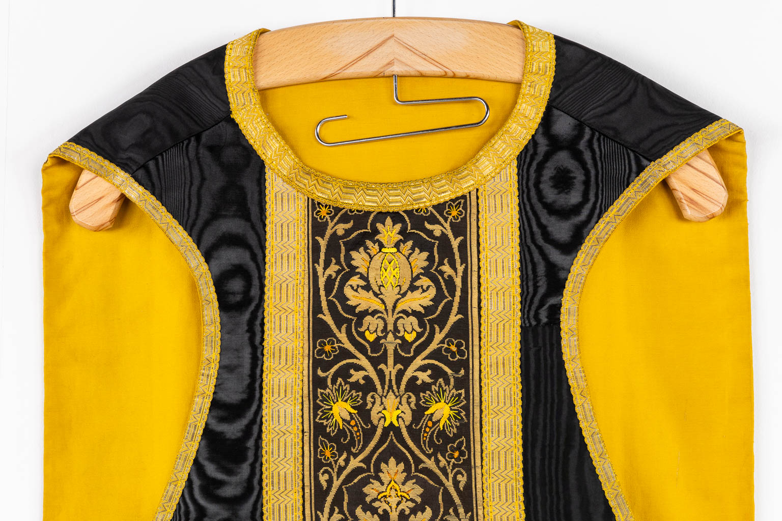 A Cope, Roman Chasuble, Dalmatic and Stola/Maniple, thick gold thread embroideries. 